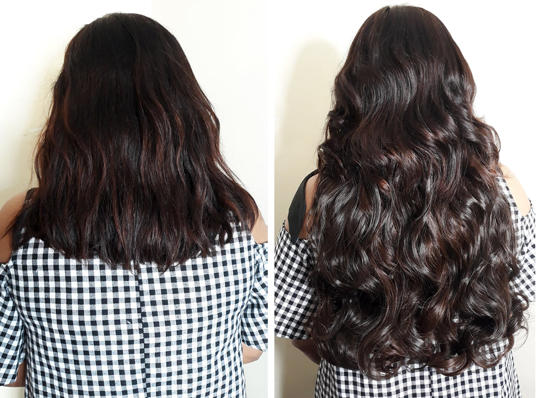 Before & After : Andrea & Weave Clip In Hair Extensions in Darkest Brown